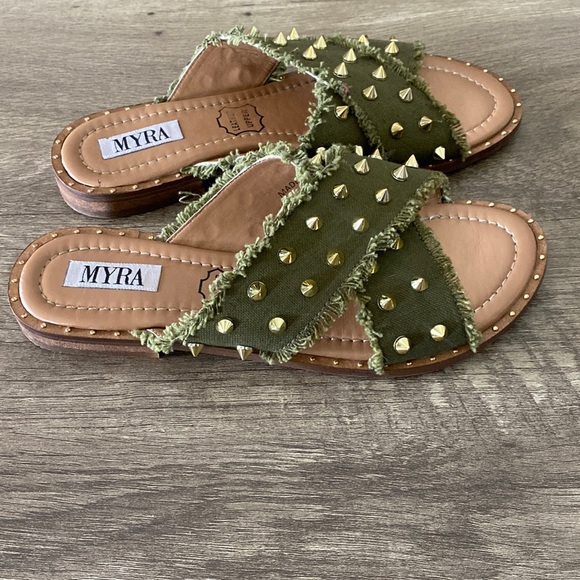 Myra Bag Shoes - Myra Bag Olive Green Studded Slide Sandals